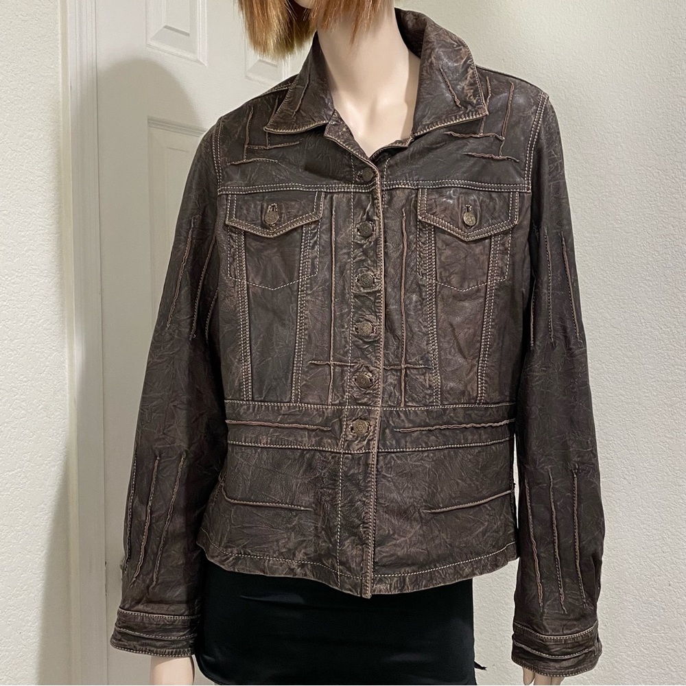 SCULLY Genuine Leather Brown Vintage Look Distressed Topstitch Leather Jacket